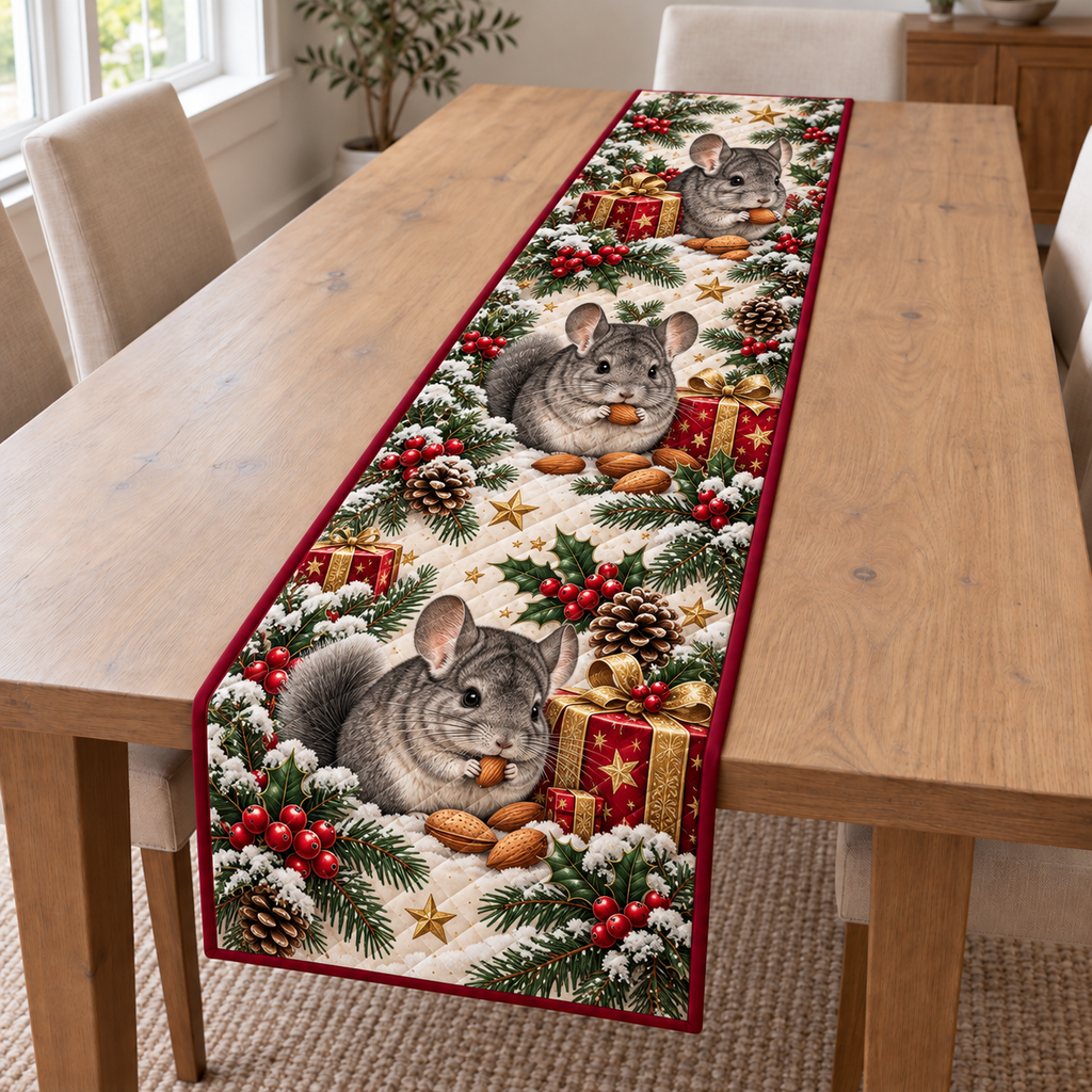 Chinchilla Almond Star Gift printed Christmas quilted table runner; design mockup showing a flat printed depth effect.