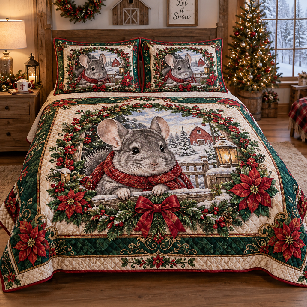 Chinchilla Christmas 3-Piece Quilted Bedding Set — digital product visualization