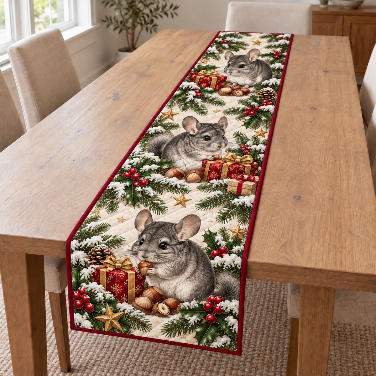 Chinchilla Hazelnut Gift printed Christmas quilted table runner; design mockup showing a flat printed depth effect.