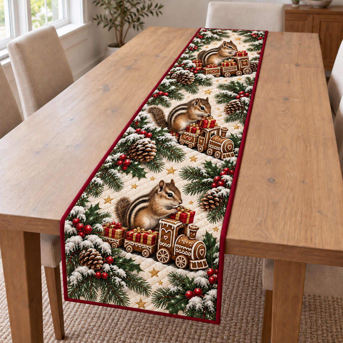 Three chipmunks beside gingerbread-style toy trains printed on an ivory quilted Christmas table runner with cranberry binding; design mockup.