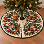 Chipmunk Walnut Toy Accordion printed Christmas circular tree skirt; design mockup showing a flat printed depth effect.
