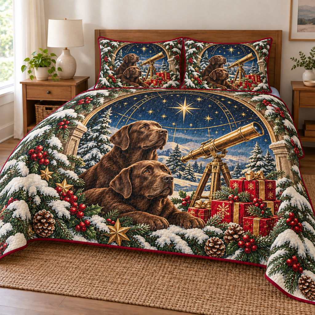 Chocolate Retriever Gift Observatory printed Christmas quilt and two matching pillow shams; design mockup showing a flat printed depth effect.