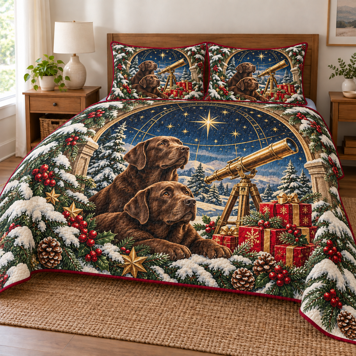 Chocolate Retriever Gift Observatory printed Christmas quilt and two matching pillow shams; design mockup showing a flat printed depth effect.