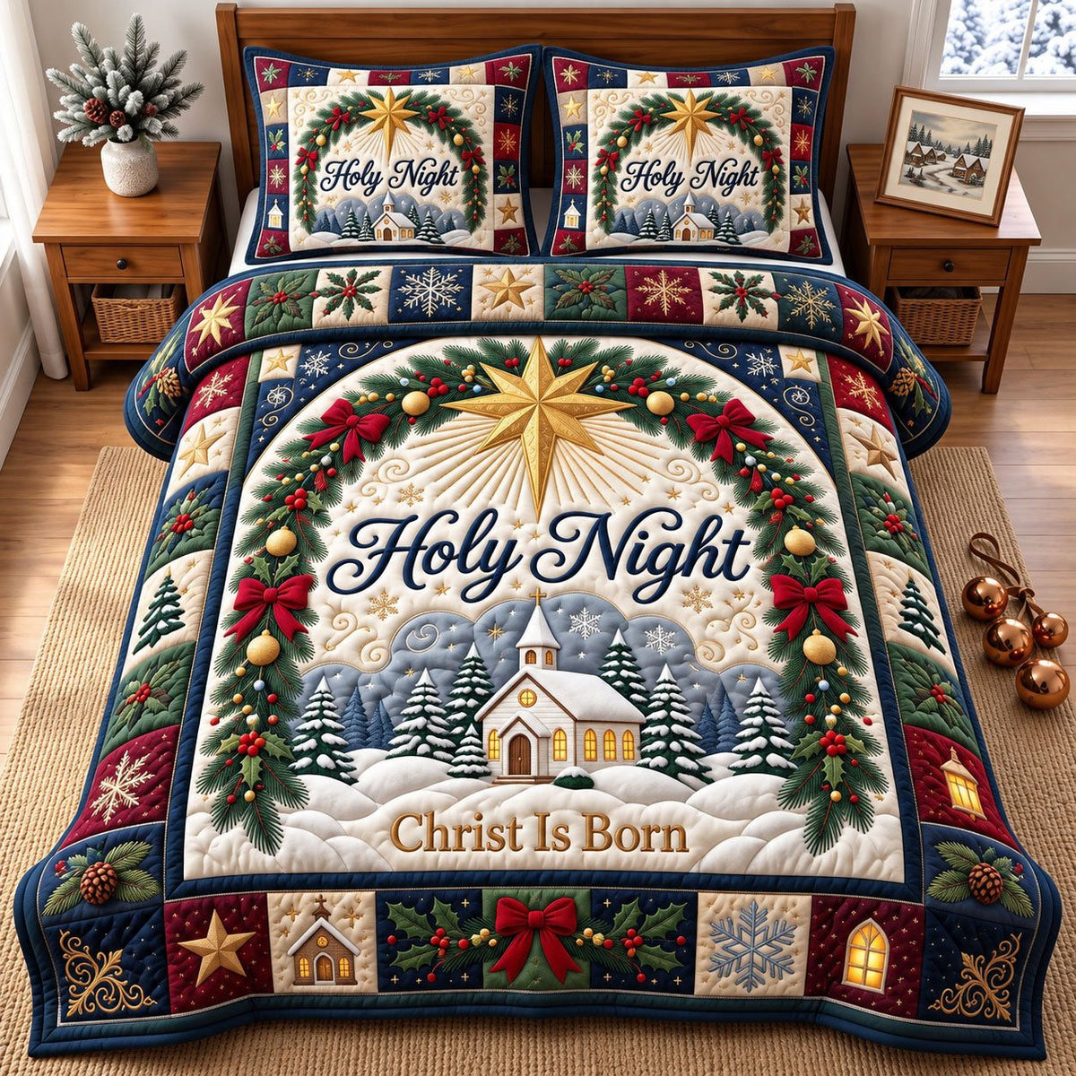 Christ Is Born Chapel Christmas quilted 3-piece bedding set on a made bed in a winter-styled bedroom
