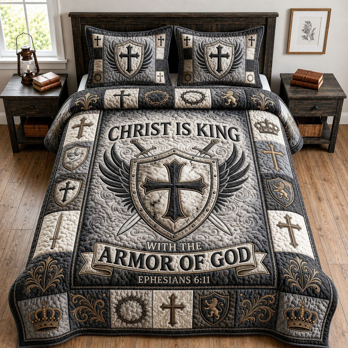 Christ Is King 3-Piece Quilted Bedding Set GFTOPND908 quilted 3-piece bedding set on a made bed in a softly lit bedroom
