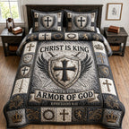 Christ Is King 3-Piece Quilted Bedding Set GFTOPND908 quilted 3-piece bedding set on a made bed in a softly lit bedroom