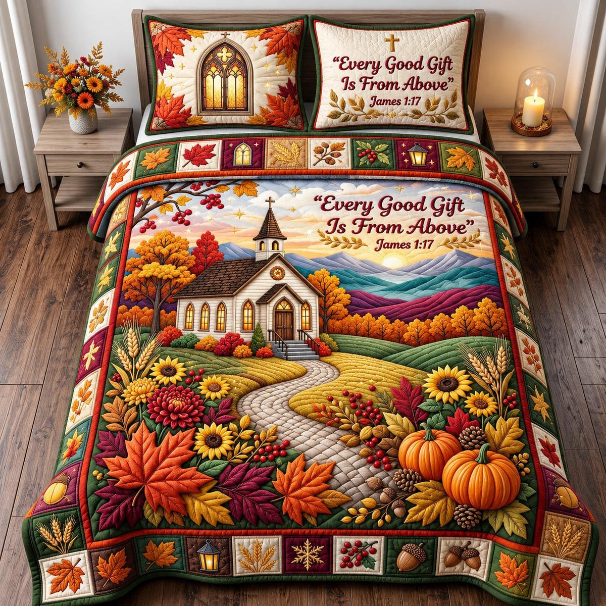 Christian Autumn Church quilted 3-piece bedding set on a made bed in a softly lit bedroom