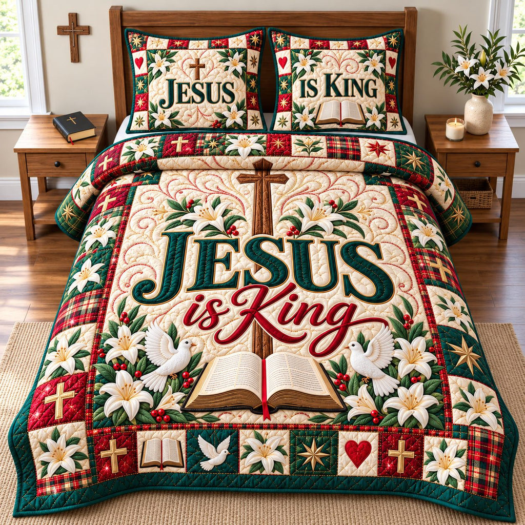 Christian Bible Blessings quilted 3-piece bedding set on a made bed in a softly lit bedroom