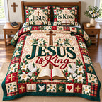 Christian Bible Blessings quilted 3-piece bedding set on a made bed in a softly lit bedroom