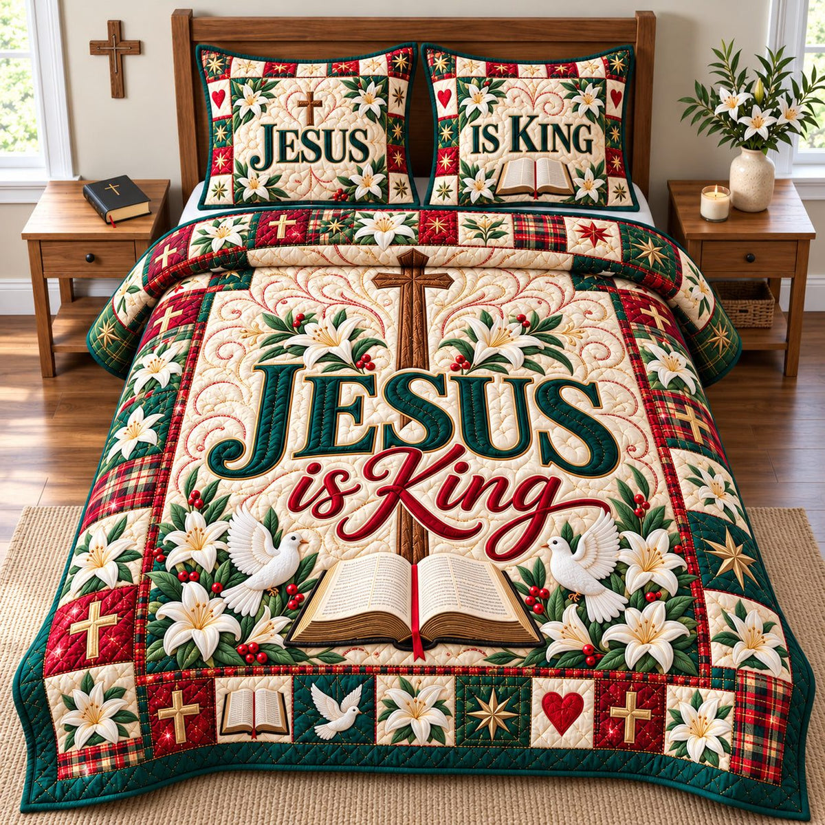 Christian Bible Blessings quilted 3-piece bedding set on a made bed in a softly lit bedroom