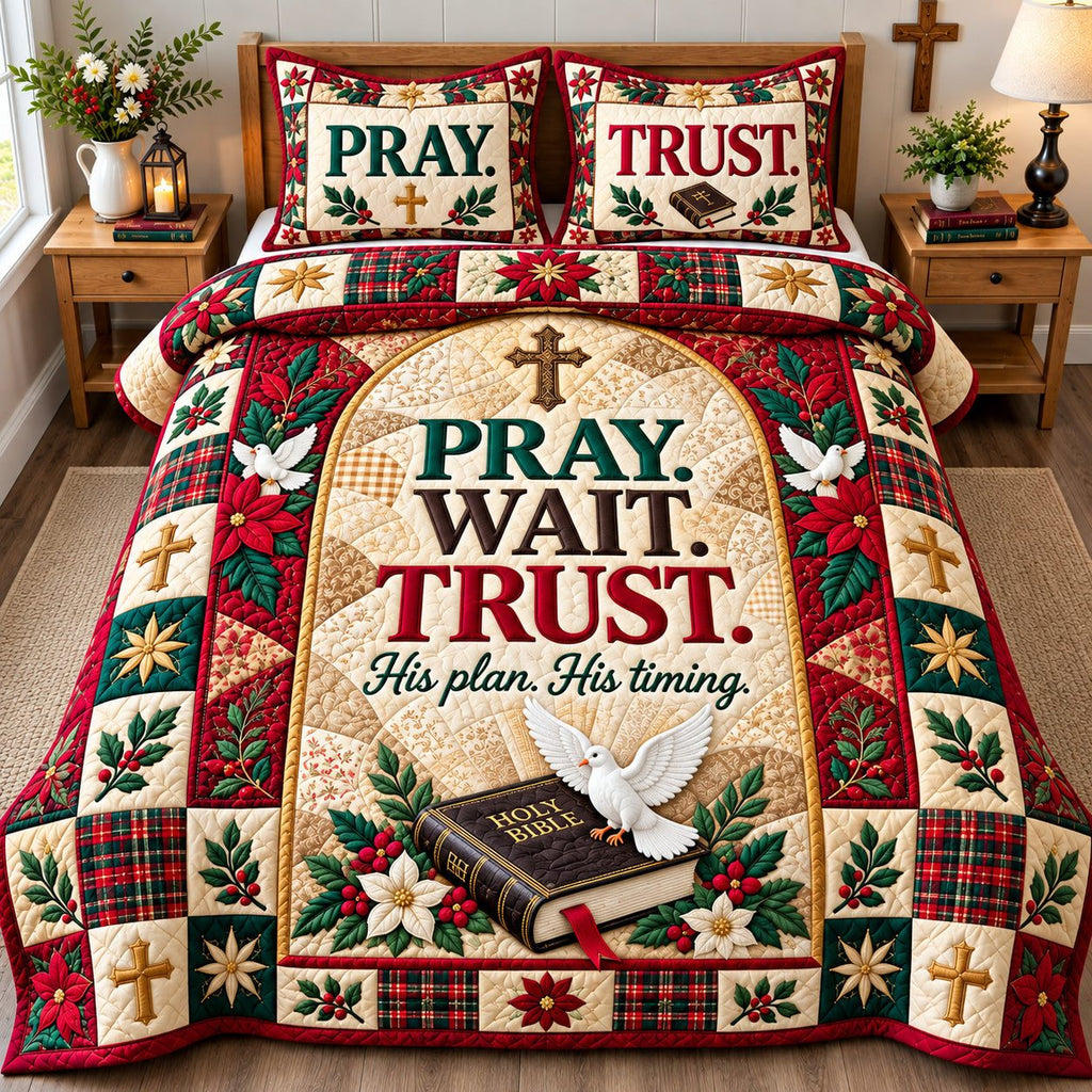 Christian Bible Faith quilted 3-piece bedding set on a made bed in a softly lit bedroom