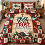Christian Bible Faith quilted 3-piece bedding set on a made bed in a softly lit bedroom