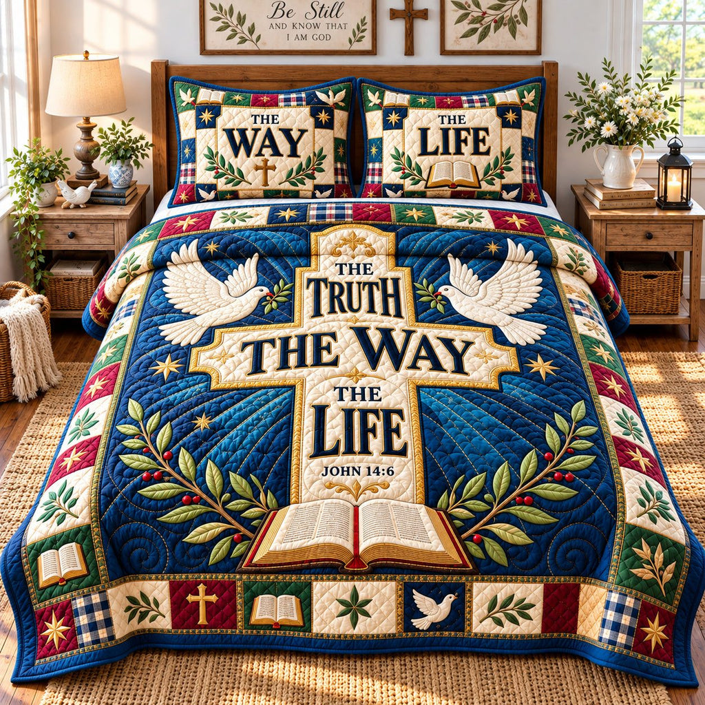 Christian Bible Grace quilted 3-piece bedding set on a made bed in a softly lit bedroom