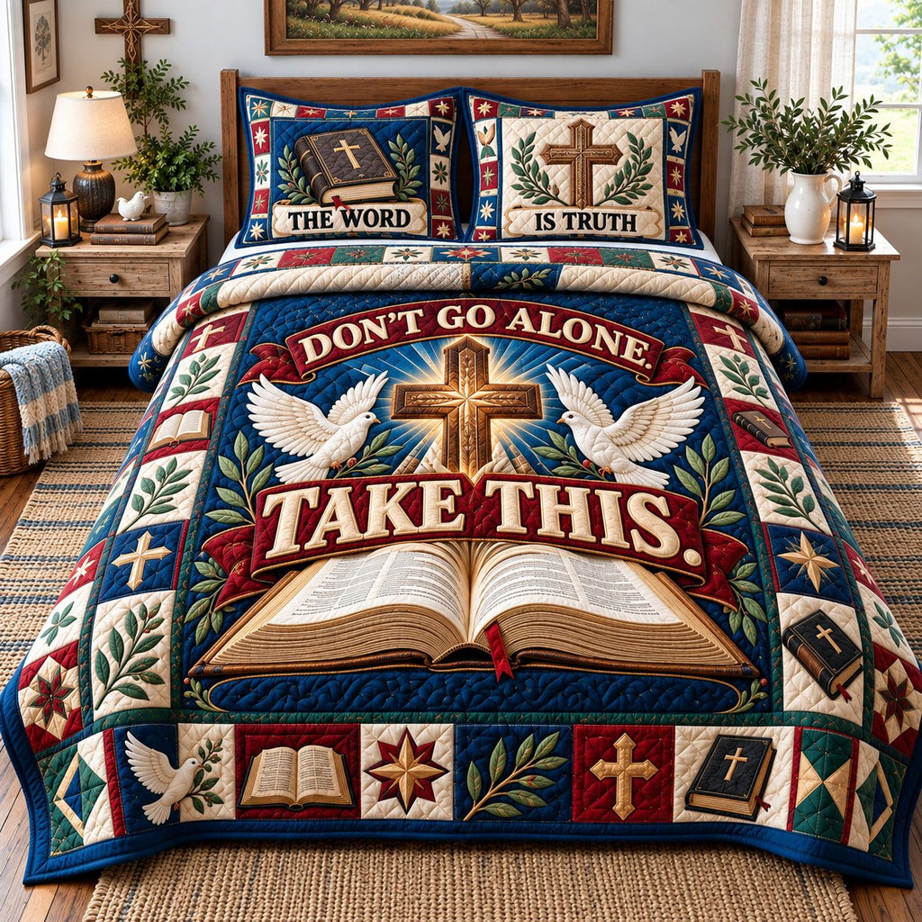 Christian Bible Hope quilted 3-piece bedding set on a made bed in a softly lit bedroom