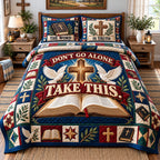Christian Bible Hope quilted 3-piece bedding set on a made bed in a softly lit bedroom