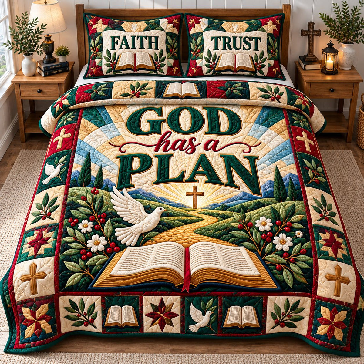 Christian Bible Promise quilted 3-piece bedding set on a made bed in a softly lit bedroom
