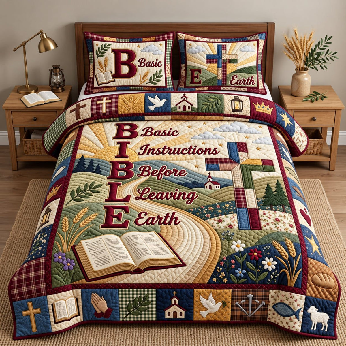 Christian Bible quilted 3-piece bedding set on a made bed in a softly lit bedroom