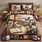 Christian Bible quilted 3-piece bedding set on a made bed in a softly lit bedroom