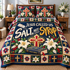 Christian Bible Truth quilted 3-piece bedding set on a made bed in a softly lit bedroom