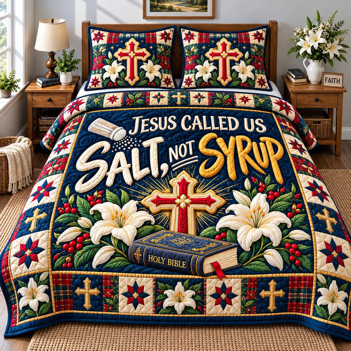 Christian Bible Truth quilted 3-piece bedding set on a made bed in a softly lit bedroom