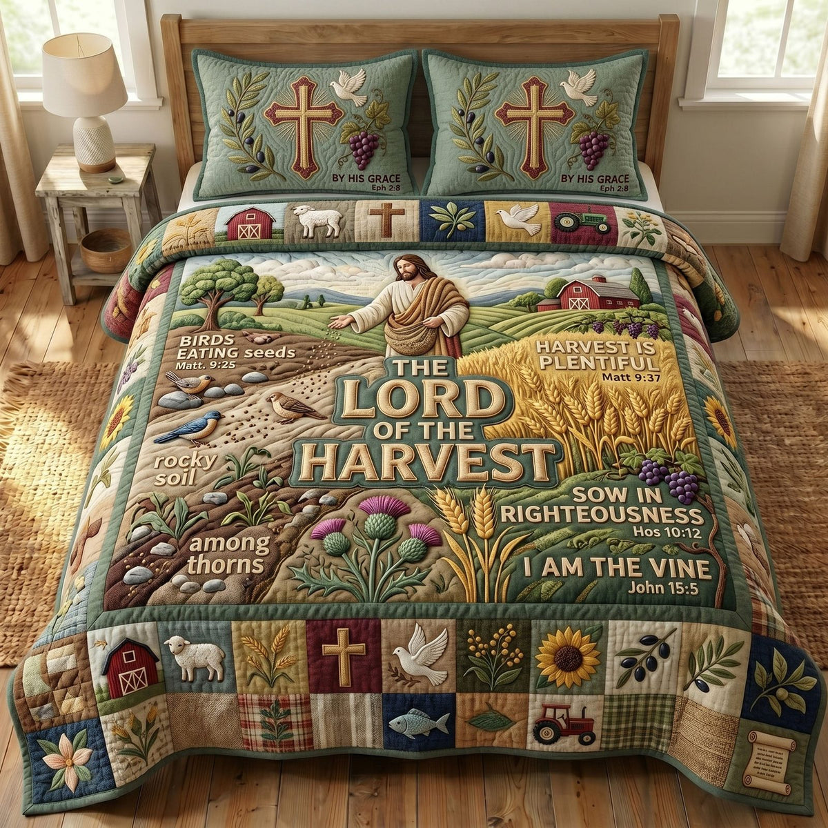 Christian Faith 3-Piece Quilted Bedding Set GFTONMU444 quilted 3-piece bedding set on a made bed in a softly lit bedroom