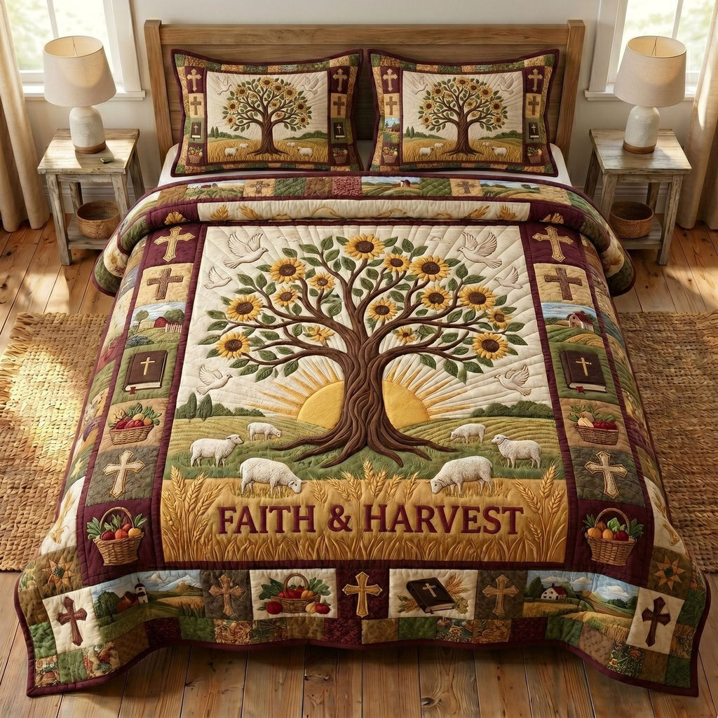 Christian Faith 3-Piece Quilted Bedding Set GFTONMU445 quilted 3-piece bedding set on a made bed in a softly lit bedroom