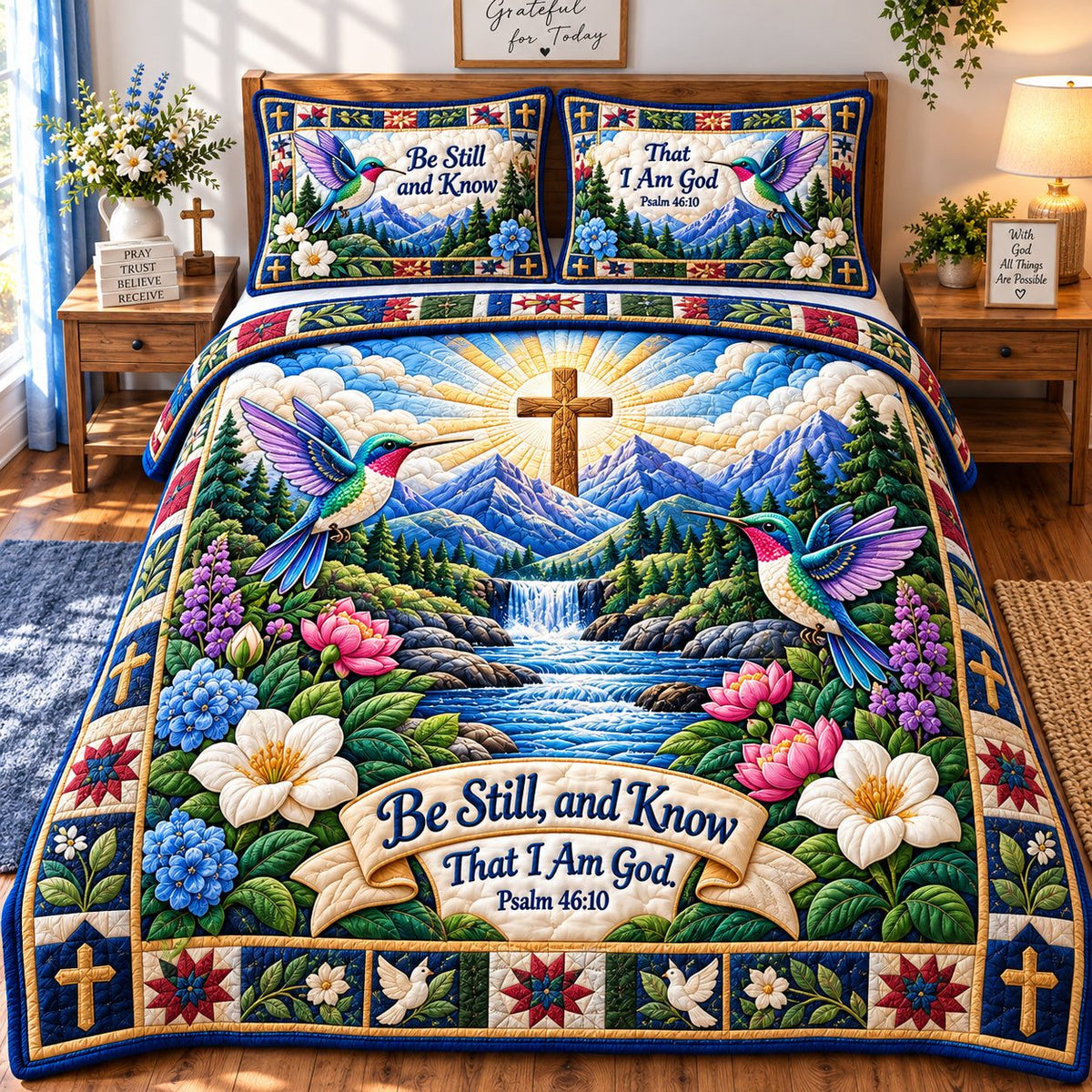 Christian Faith Bible quilted 3-piece bedding set on a made bed in a softly lit bedroom