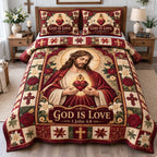 Christian Faith Blessing quilted 3-piece bedding set on a made bed in a softly lit bedroom