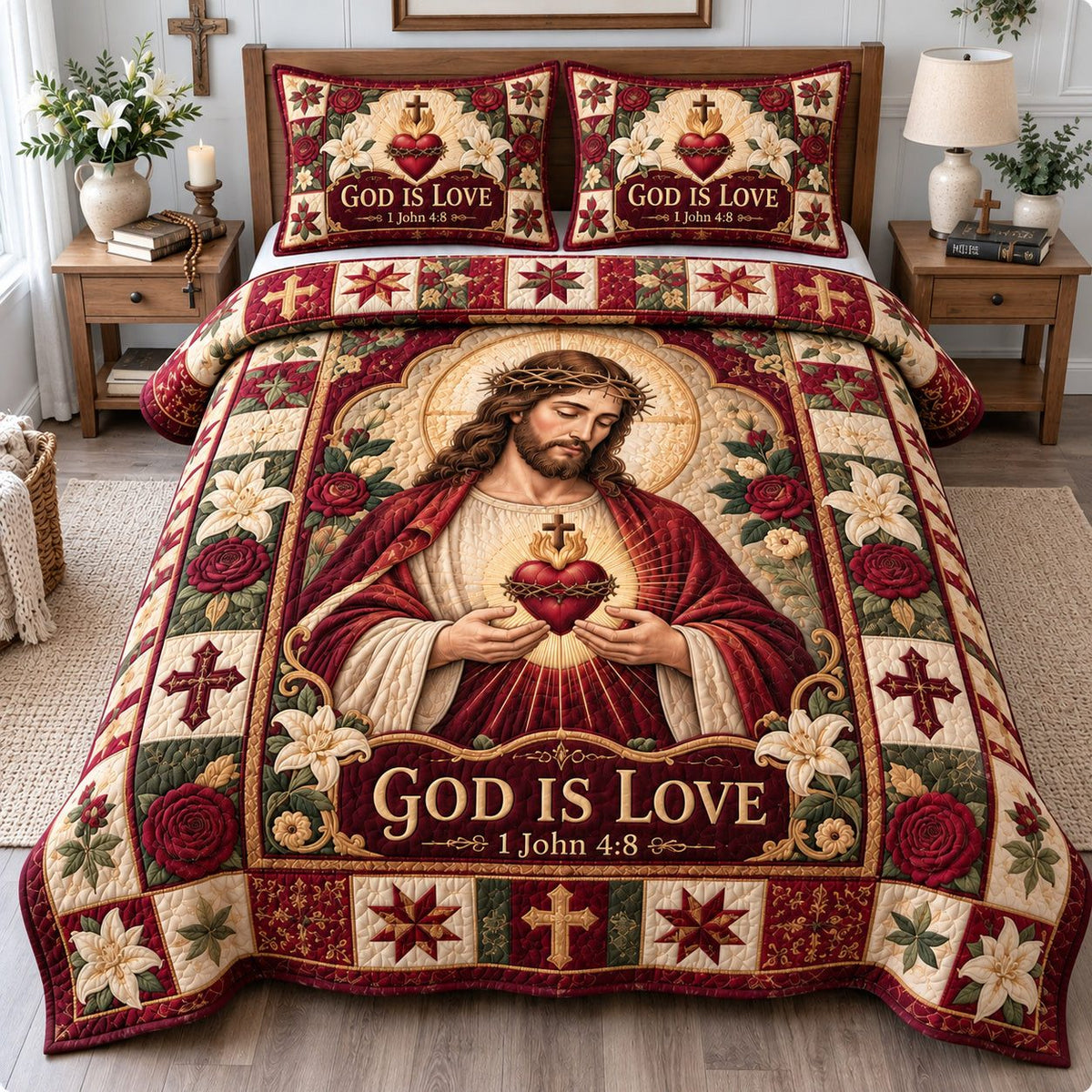 Christian Faith Blessing quilted 3-piece bedding set on a made bed in a softly lit bedroom