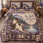 Christian Faith Devotion quilted 3-piece bedding set on a made bed in a softly lit bedroom