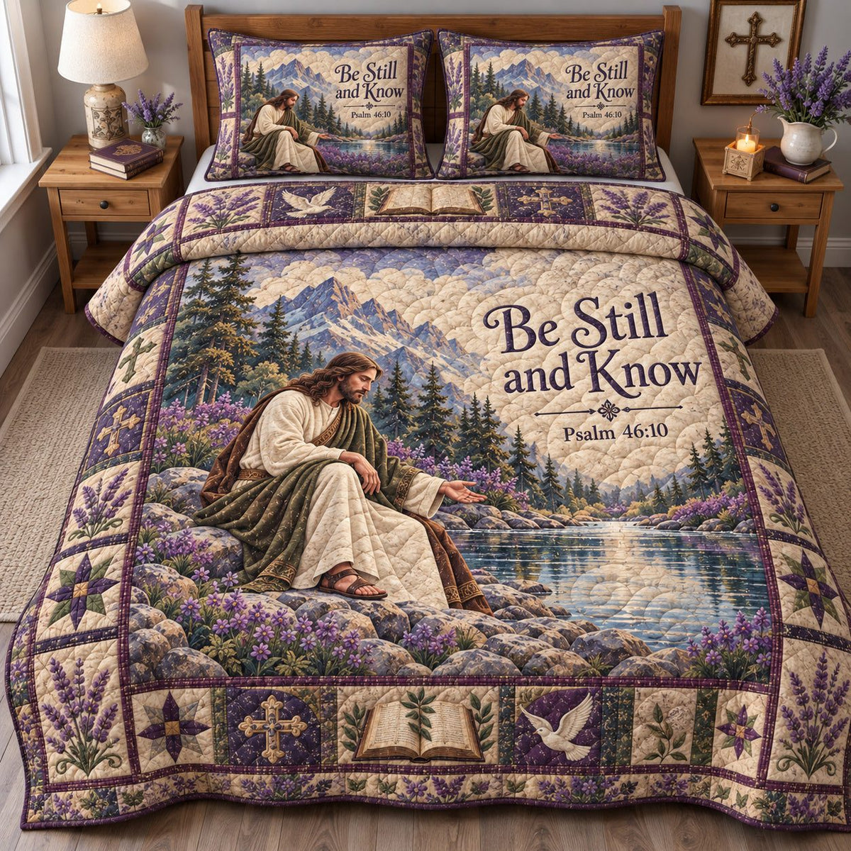 Christian Faith Devotion quilted 3-piece bedding set on a made bed in a softly lit bedroom