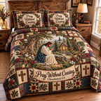 Christian Faith Graces quilted 3-piece bedding set on a made bed in a softly lit bedroom