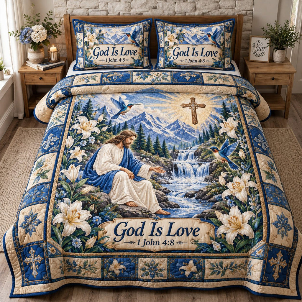 Christian Faith Hopes quilted 3-piece bedding set on a made bed in a softly lit bedroom