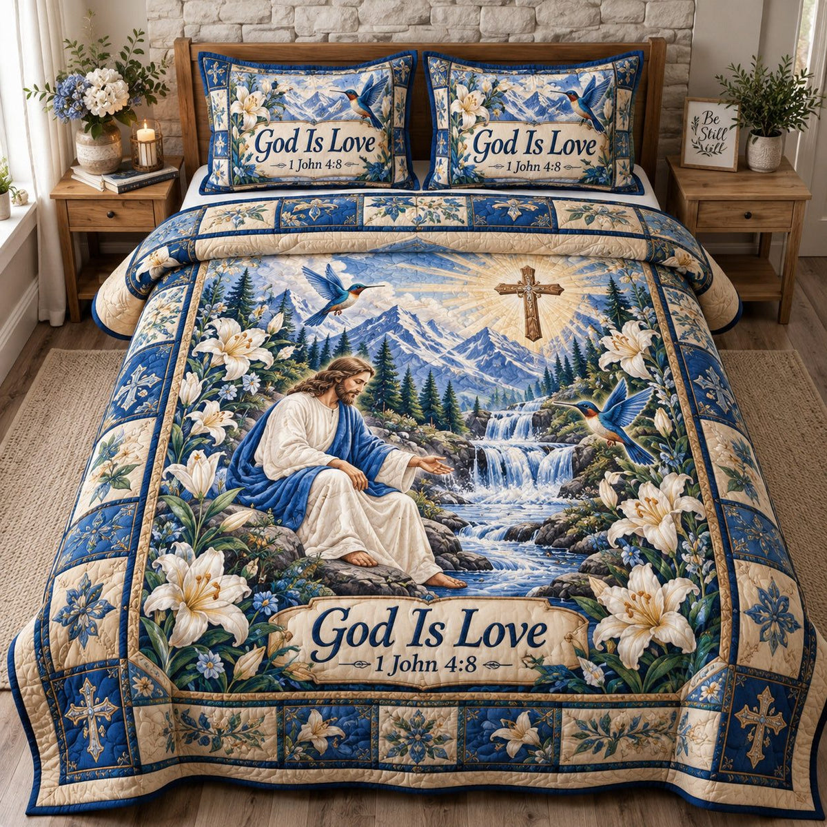 Christian Faith Hopes quilted 3-piece bedding set on a made bed in a softly lit bedroom