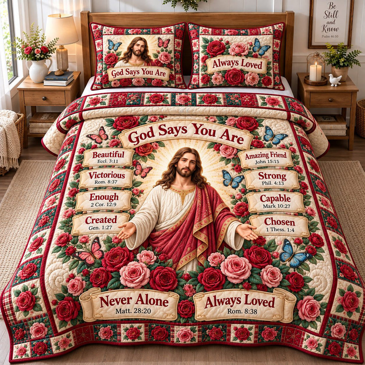 Christian Faith Miracles quilted 3-piece bedding set on a made bed in a softly lit bedroom