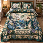 Christian Faith Serenity quilted 3-piece bedding set on a made bed in a softly lit bedroom
