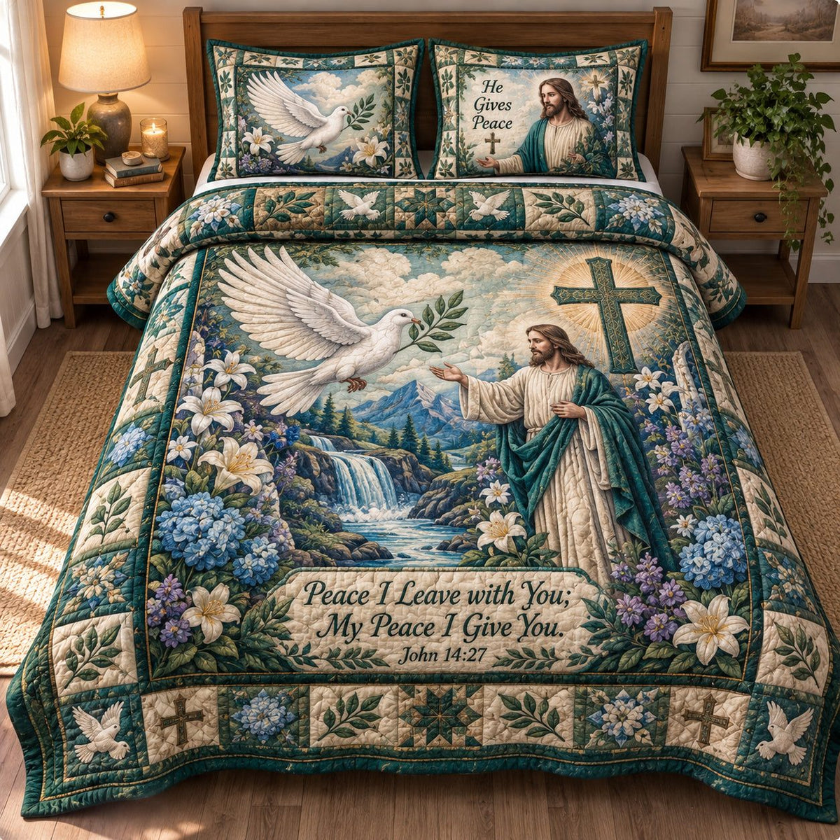 Christian Faith Serenity quilted 3-piece bedding set on a made bed in a softly lit bedroom