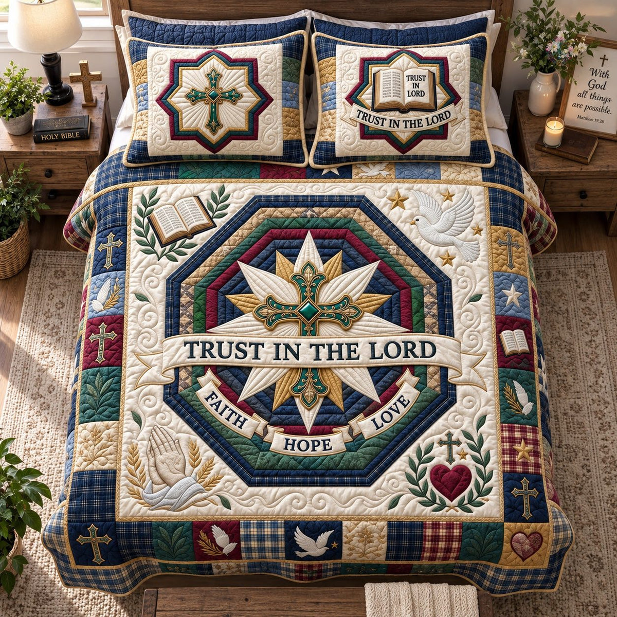 Christian Faith Star quilted 3-piece bedding set on a made bed in a softly lit bedroom