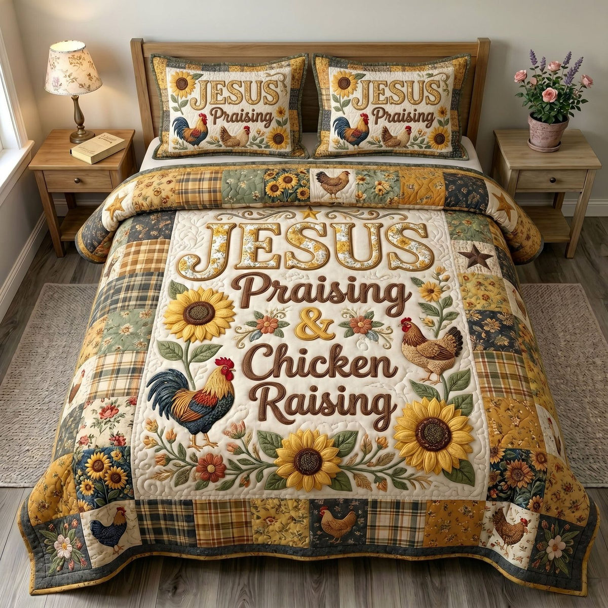 Christian Farmer 3-Piece Quilted Bedding Set GFTONMU446 quilted 3-piece bedding set on a made bed in a softly lit bedroom