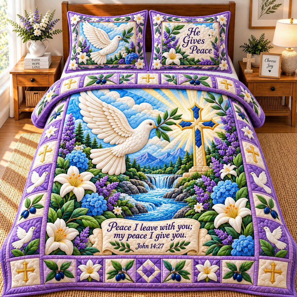 Christian Garden quilted 3-piece bedding set on a made bed in a softly lit bedroom