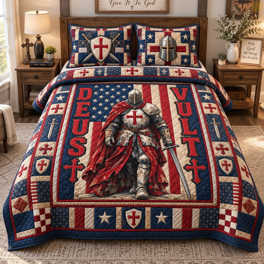Christian Knight Faith quilted 3-piece bedding set on a made bed in a softly lit bedroom