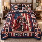 Christian Knight Faith quilted 3-piece bedding set on a made bed in a softly lit bedroom