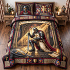 Christian Knight quilted 3-piece bedding set on a made bed in a softly lit bedroom