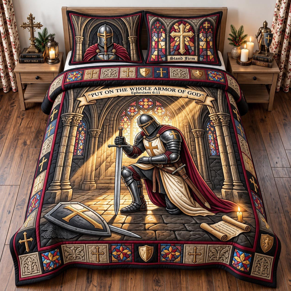 Christian Knight quilted 3-piece bedding set on a made bed in a softly lit bedroom