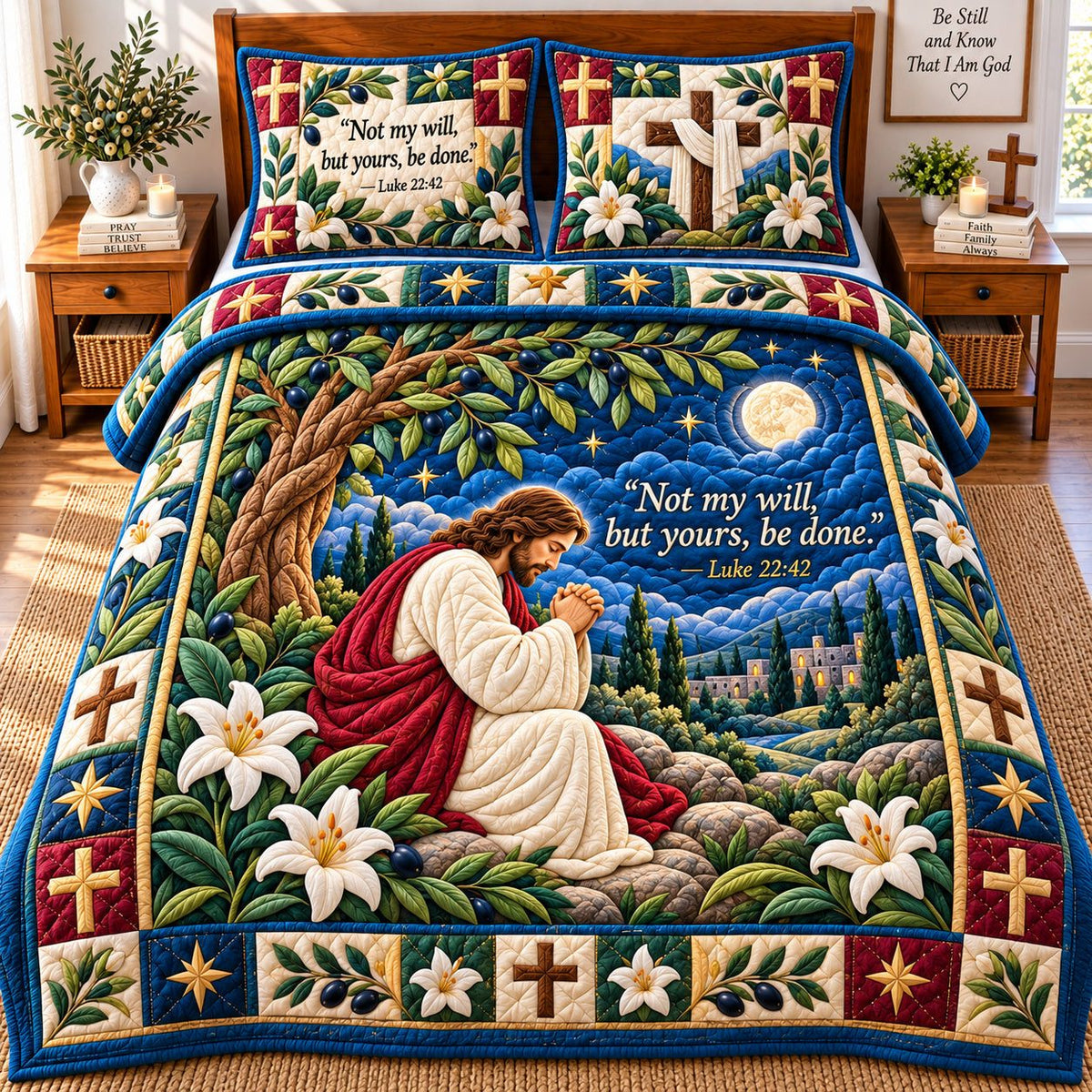 Christian Prayer quilted 3-piece bedding set on a made bed in a softly lit bedroom
