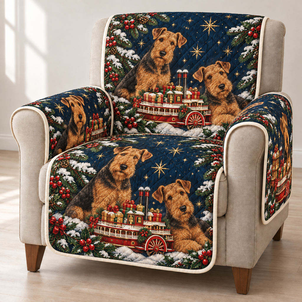 Airedale Toy Paddle Steamer printed Christmas quilted sofa cover; design mockup showing a flat printed depth effect.