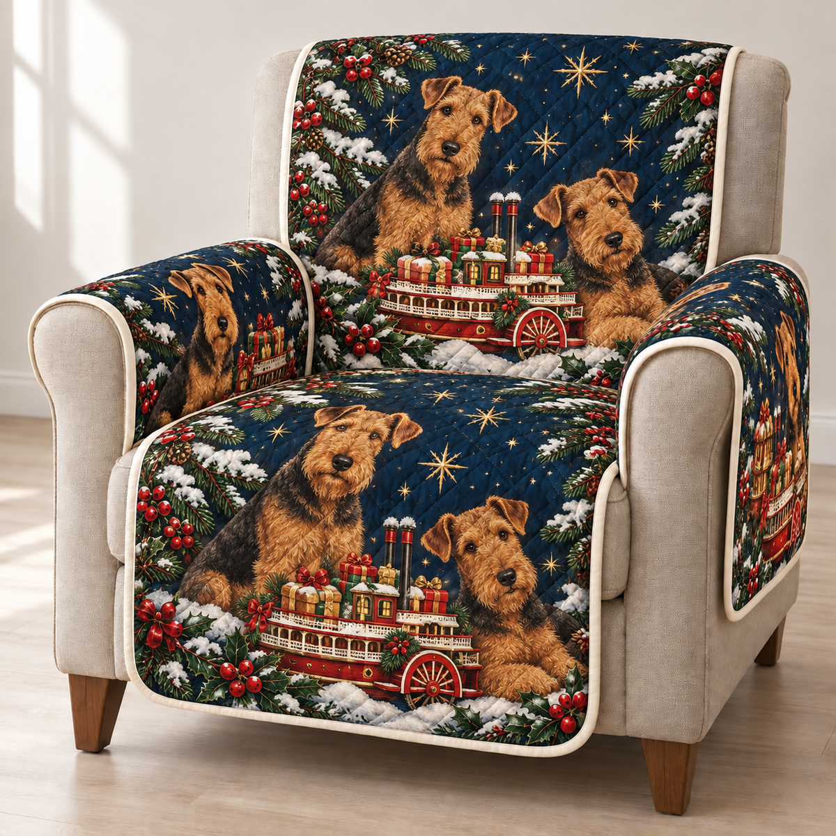 Airedale Toy Paddle Steamer printed Christmas quilted sofa cover; design mockup showing a flat printed depth effect.