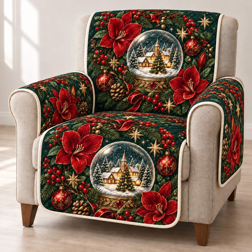 Amaryllis Snow Globe printed Christmas quilted sofa cover; design mockup showing a flat printed depth effect.