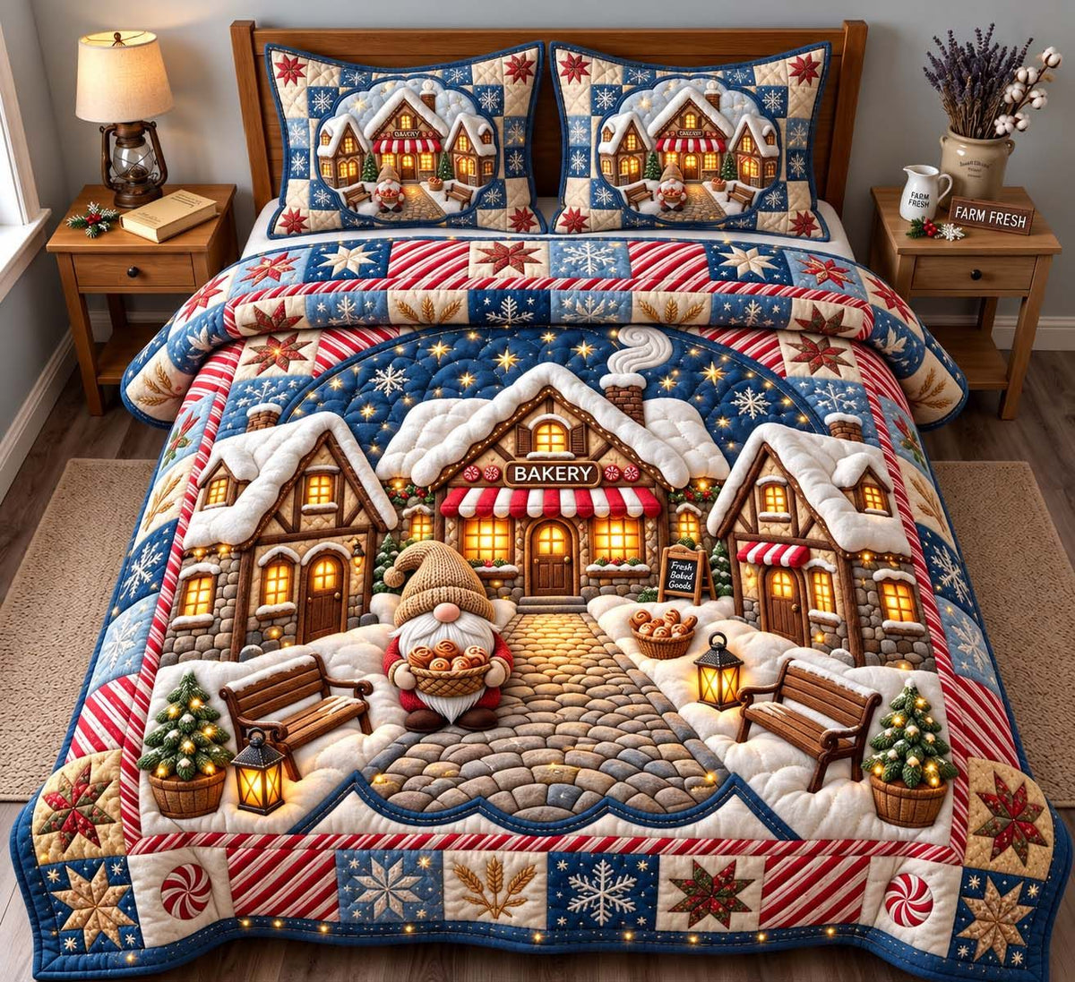 Christmas Bakery Village quilted 3-piece bedding set on a made bed in a winter-styled bedroom