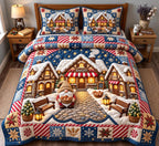 Christmas Bakery Village quilted 3-piece bedding set on a made bed in a winter-styled bedroom